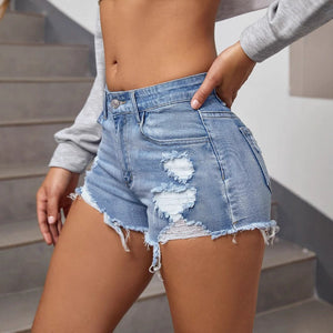 Women’s washed blue stretch jeans shorts, casual fit, designed for comfort and style, made by My Store.