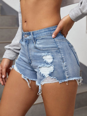 Women’s washed blue stretch denim shorts from My Store, featuring a comfortable fit and casual style.