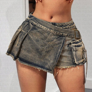 Sea blue women's denim skirt with a low waist and irregular hem, styled as casual shorts by My Store.