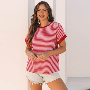 Women's Loose Striped Knitted T-Shirt – Casual Style - MRC STORET-ShirtsMy StoreWomen's Loose Striped Knitted T-Shirt – Casual Style My Store MRC STORECJCS232373703CXPinkL