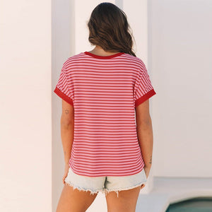 Women's Loose Striped Knitted T-Shirt – Casual Style - MRC STORET-ShirtsMy StoreWomen's Loose Striped Knitted T-Shirt – Casual Style My Store MRC STORECJCS232373703CXPinkL
