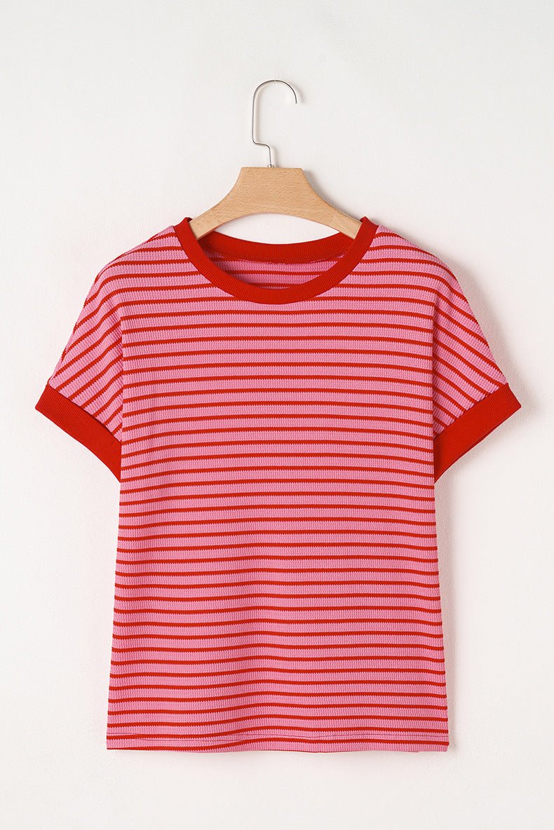 Women's Loose Striped Knitted T-Shirt – Casual Style - MRC STORET-ShirtsMy StoreWomen's Loose Striped Knitted T-Shirt – Casual Style My Store MRC STORECJCS232373703CXPinkL