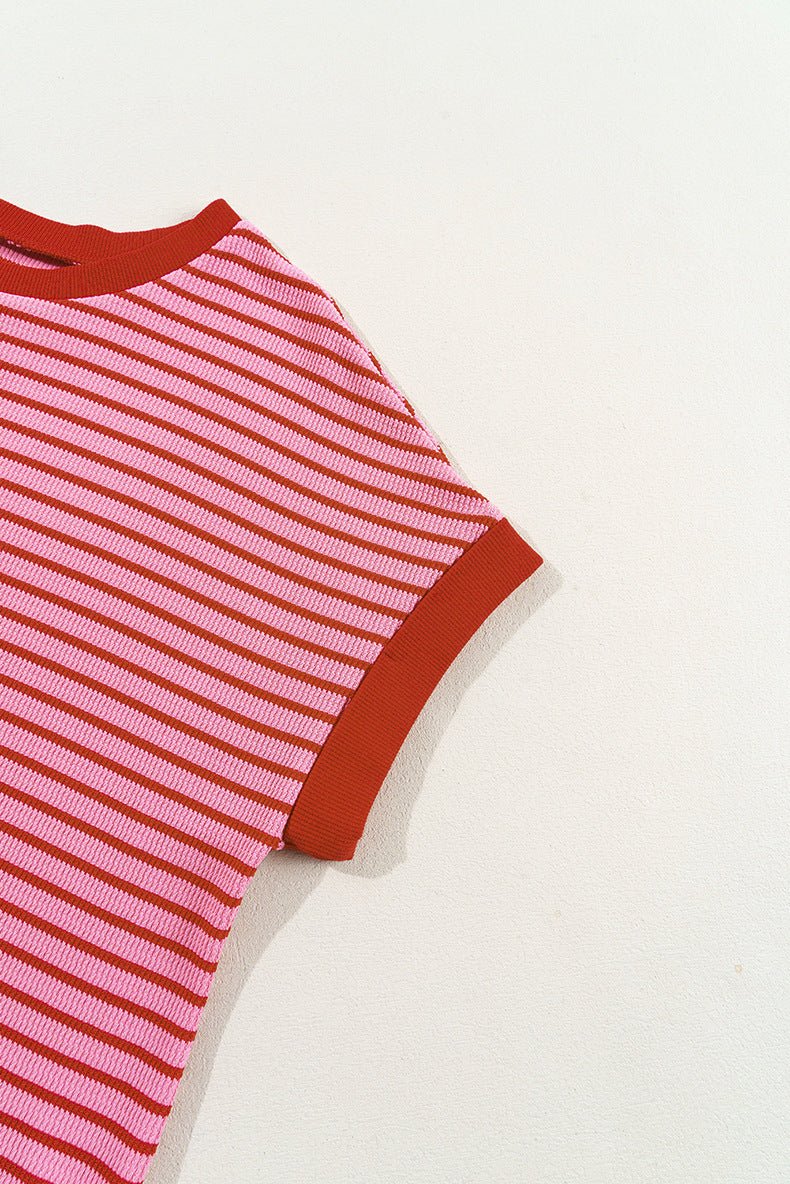 Women's Loose Striped Knitted T-Shirt – Casual Style - MRC STORET-ShirtsMy StoreWomen's Loose Striped Knitted T-Shirt – Casual Style My Store MRC STORECJCS232373703CXPinkL