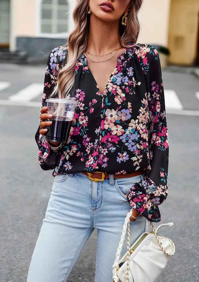 Chic Floral V - Neck Blouse - MRC STOREtopMy StoreChic Floral V - Neck BlouseMRC STORECJCS1792944-Apricot-LApricotL