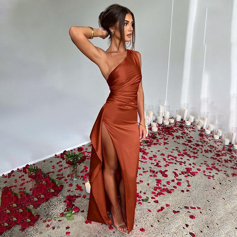 Elegant One - Shoulder Satin Dress - MRC STORETopMy StoreElegant One - Shoulder Satin Dress - MRC STOREMRC STORECJLY173739525YBBrownL