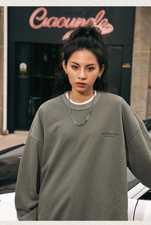 Apricot-colored retro print crew neck sweatshirt by My Store, loose fit top with vintage-inspired design.