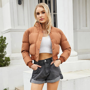 Short High - Collar Warm Coat - MRC STORETopMy StoreA woman wearing a short high - collar warm coat in brown color, paired with a white top and denim shorts.MRC STORECJJK213140123WDArmy GreenL