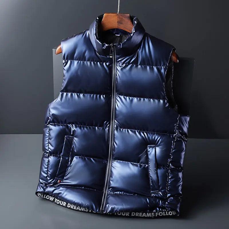 Black shiny down cotton fashion vest jacket, stylish top from My Store with a sleek, glossy finish and padded design.