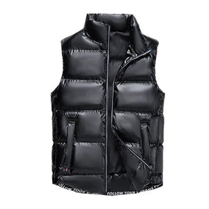 Shiny black down cotton fashion vest jacket, sleeveless top with a sleek, glossy finish, designed for stylish layering.
