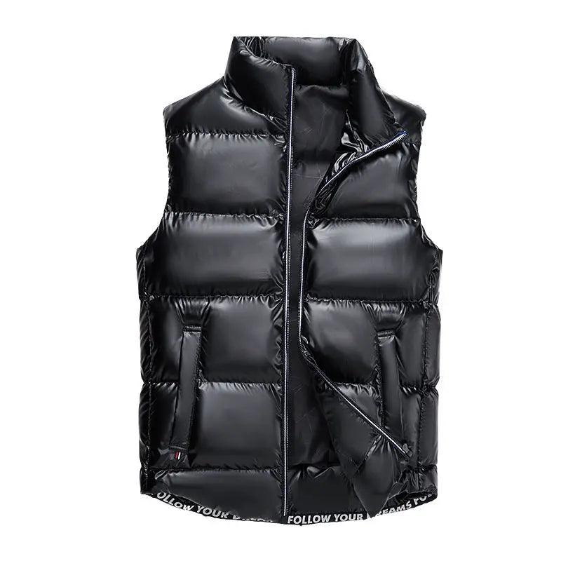 Shiny black down cotton fashion vest jacket, sleeveless top with a sleek, glossy finish, designed for stylish layering.