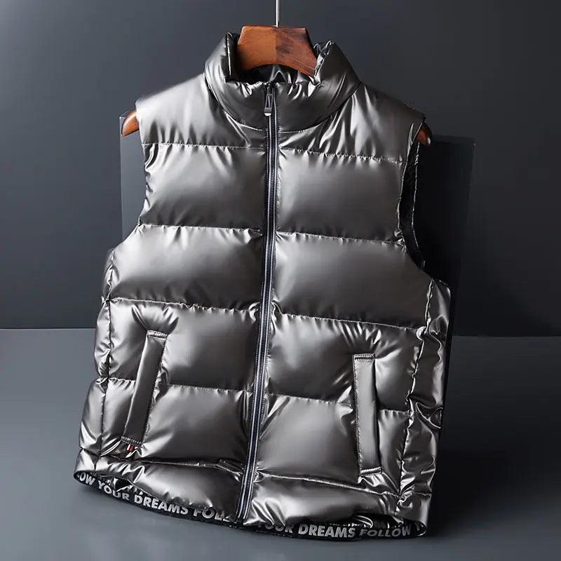 Black shiny down cotton fashion vest jacket, sleeveless top with a sleek, modern design, by My Store.
