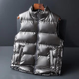 Black shiny down cotton fashion vest jacket, sleeveless top with a sleek, modern design, by My Store.