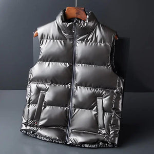 Black shiny down cotton fashion vest jacket, sleeveless top with a sleek, modern design, by My Store.