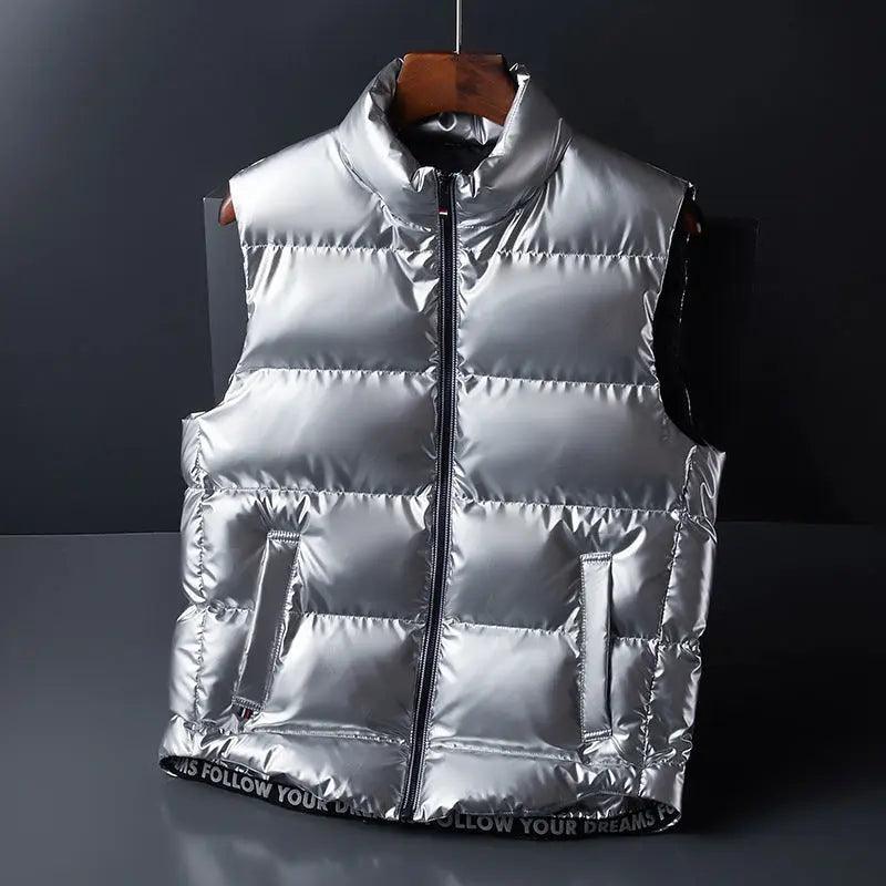 Black shiny down cotton fashion vest jacket, stylish top by My Store, shown in 2XL size with a sleek, glossy finish.