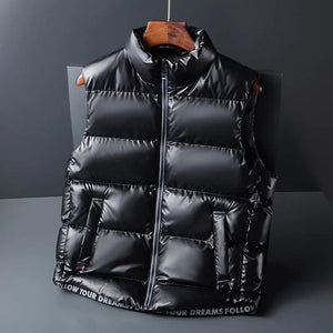 Black shiny down cotton fashion vest jacket, stylish sleeveless top with quilted design from My Store.