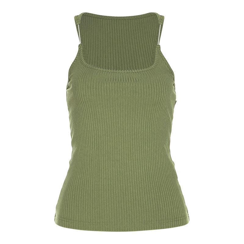 Black women's Y2K camisole top with slim U-neck design, stylish vest for casual and trendy outfits.