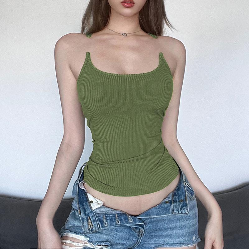 Black women's Y2K camisole top with slim U-neck, stylish sleeveless vest, perfect for casual or trendy outfits.