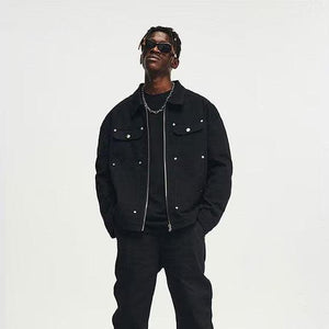 Men's Black Washed Denim Jacket with Zipper and Pocket Detailing - Retro Streetwear Style - MRC STORETopMy StoreMen's Black Washed Denim Jacket with Zipper and Pocket Detailing - Retro Streetwear Style - MRC STOREMRC STORECJXZ216683905EVBlack3XL