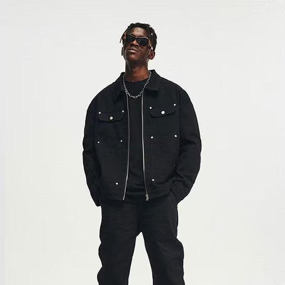Men's Black Washed Denim Jacket with Zipper and Pocket Detailing - Retro Streetwear Style - MRC STORETopMy StoreMen's Black Washed Denim Jacket with Zipper and Pocket Detailing - Retro Streetwear Style - MRC STOREMRC STORECJXZ216683905EVBlack3XL
