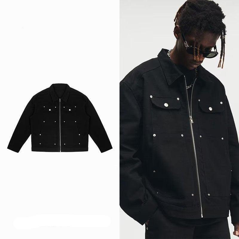 Men's Black Washed Denim Jacket with Zipper and Pocket Detailing