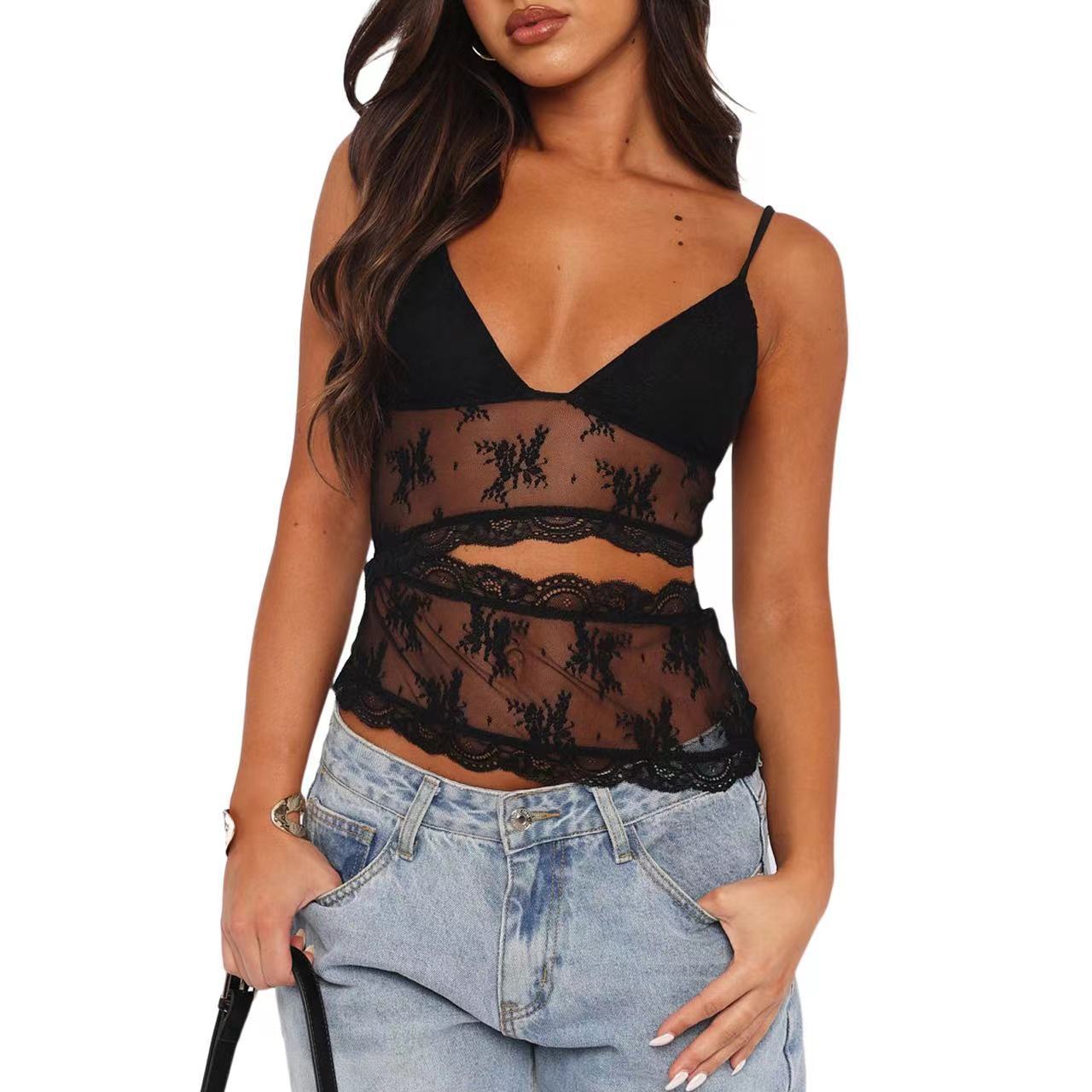 Backless Tank Top - Lace V Neck Sling - MRC STORETopMy StoreA woman wearing a black backless tank top with a lace V - neck and sling sleeves, paired with a casual outfit.MRC STORECJQB228000407GTBlackL