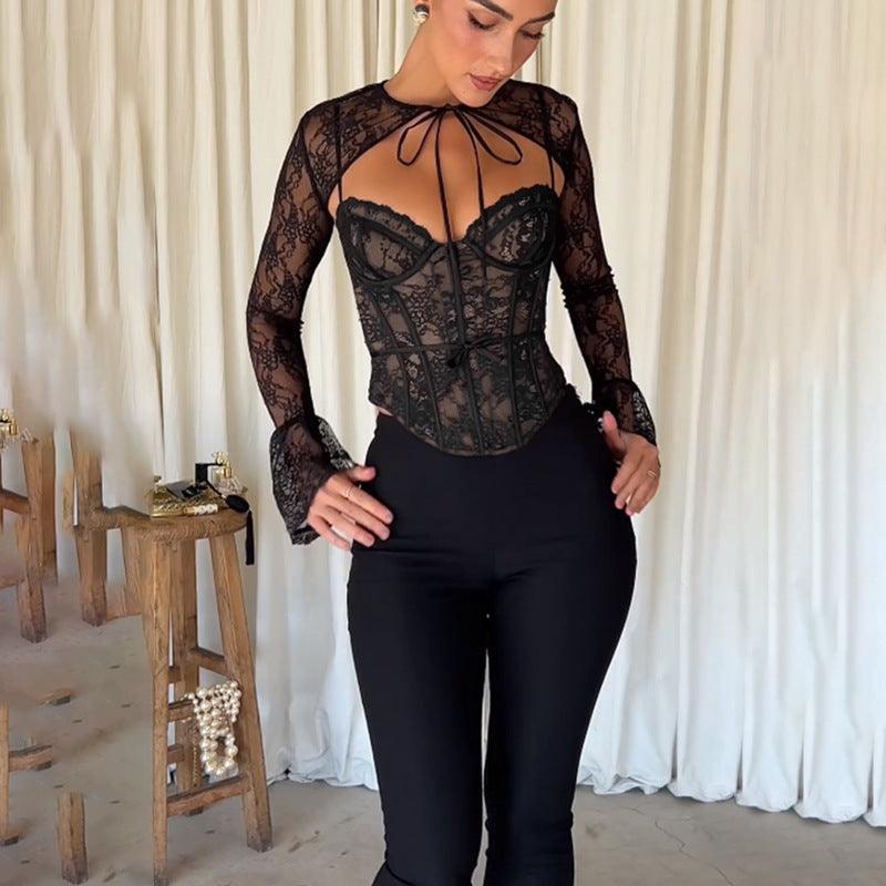 Black Lace Corset Top - Sheer Long Sleeve Slim - Fit with Delicate Embroidery - MRC STORETopMy StoreBlack Lace Corset Top - Sheer Long Sleeve Slim - Fit with Delicate Embroidery - MRC STOREMRC STORECJQB216324203CXBlackL