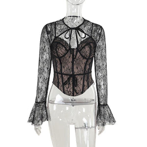 Black Lace Corset Top - Sheer Long Sleeve Slim - Fit with Delicate Embroidery - MRC STORETopMy StoreBlack Lace Corset Top - Sheer Long Sleeve Slim - Fit with Delicate Embroidery - MRC STOREMRC STORECJQB216324203CXBlackL