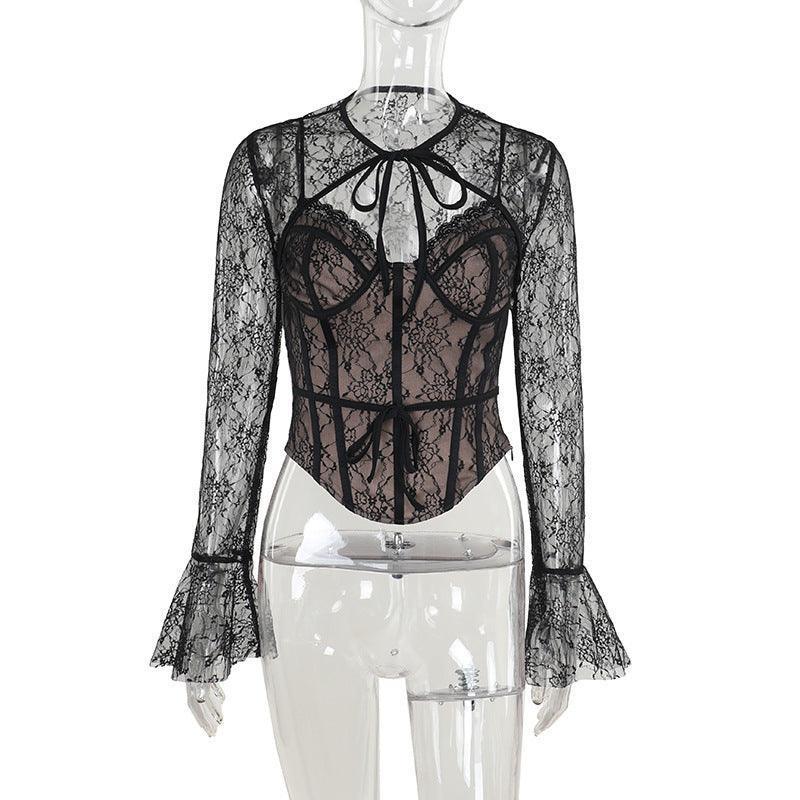Black Lace Corset Top - Sheer Long Sleeve Slim - Fit with Delicate Embroidery - MRC STORETopMy StoreBlack Lace Corset Top - Sheer Long Sleeve Slim - Fit with Delicate Embroidery - MRC STOREMRC STORECJQB216324203CXBlackL