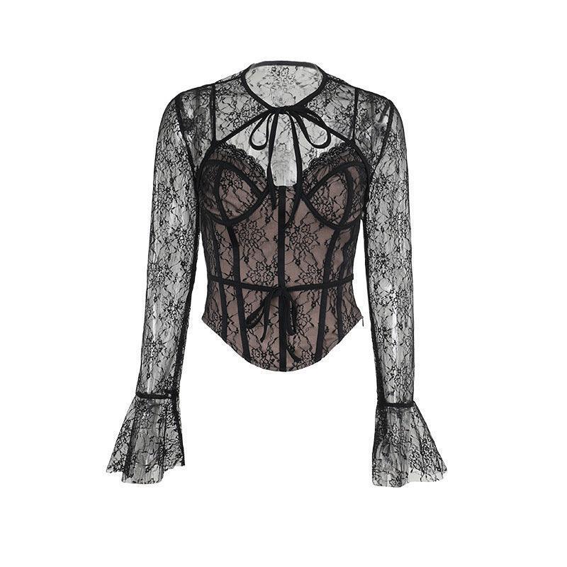Black Lace Corset Top - Sheer Long Sleeve Slim - Fit with Delicate Embroidery - MRC STORETopMy StoreBlack Lace Corset Top - Sheer Long Sleeve Slim - Fit with Delicate Embroidery - MRC STOREMRC STORECJQB216324203CXBlackL