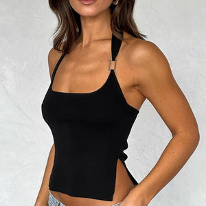 Black halter sling slim fit top by My Store with ultra-short length and street style design, perfect for trendy casual outfits.