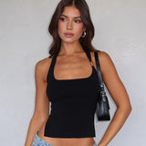 Black halter sling slim fit top by My Store, ultra-short street style top with a fitted design and stylish silhouette.