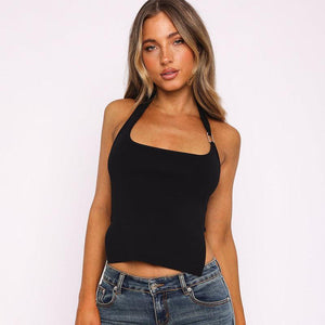 Black halter sling slim fit top from My Store featuring ultra-short length and street style design.