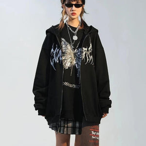 Hooded Butterfly Print Cardigan – Zipper, Black - MRC STORETopMy StoreHooded Zipper Letter Butterfly Print Fleece Cardigan Sweatshirt - Black - MRC STOREMRC STORECJQB1794937-Black-LBlackL