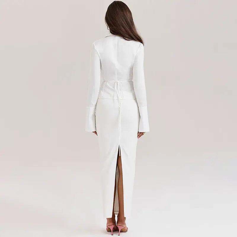 Lace - Up Shirt & High Waist Slit Skirt Set - MRC STORETopMy StoreLace - Up Shirt & High Waist Slit Skirt Set - MRC STOREMRC STORECJLS211708106FUWhiteL