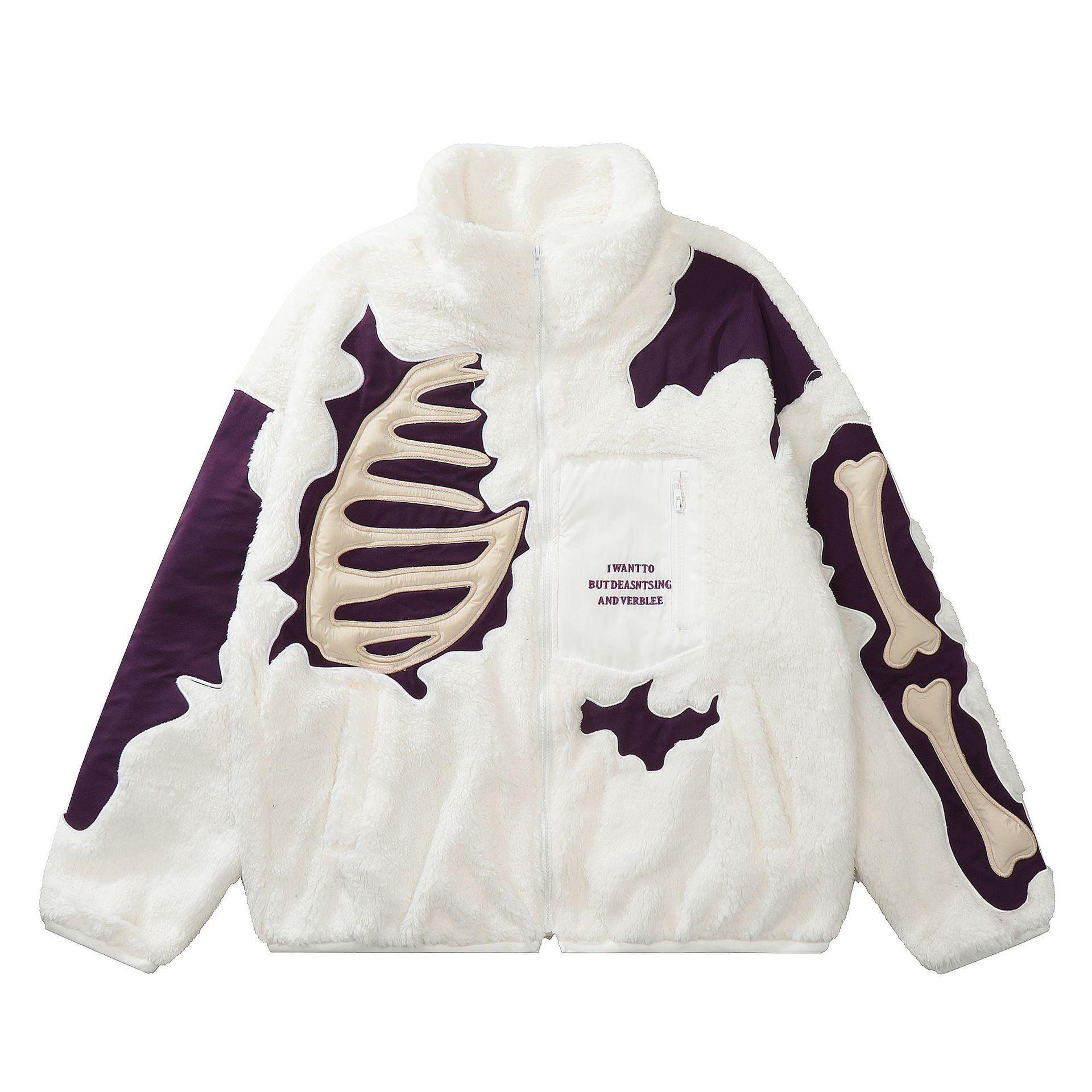 Lamb Wool Stitching Skeleton Embroidered Cotton - MRC STORETopMy StoreA winter coat with embroidered skeleton pattern on the back, primarily in white and purple colors, with side pockets.MRC STORECJPK196376905EVBlackL
