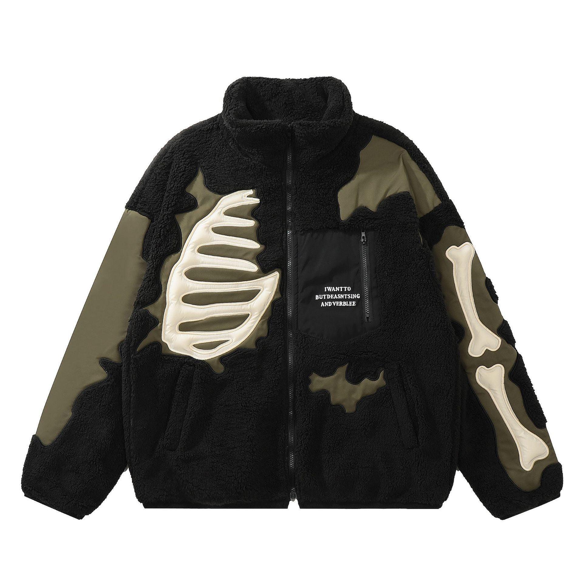 Lamb Wool Stitching Skeleton Embroidered Cotton - MRC STORETopMy StoreA winter coat with embroidered skeleton pattern on the back, primarily in white and purple colors, with side pockets.MRC STORECJPK196376905EVBlackL