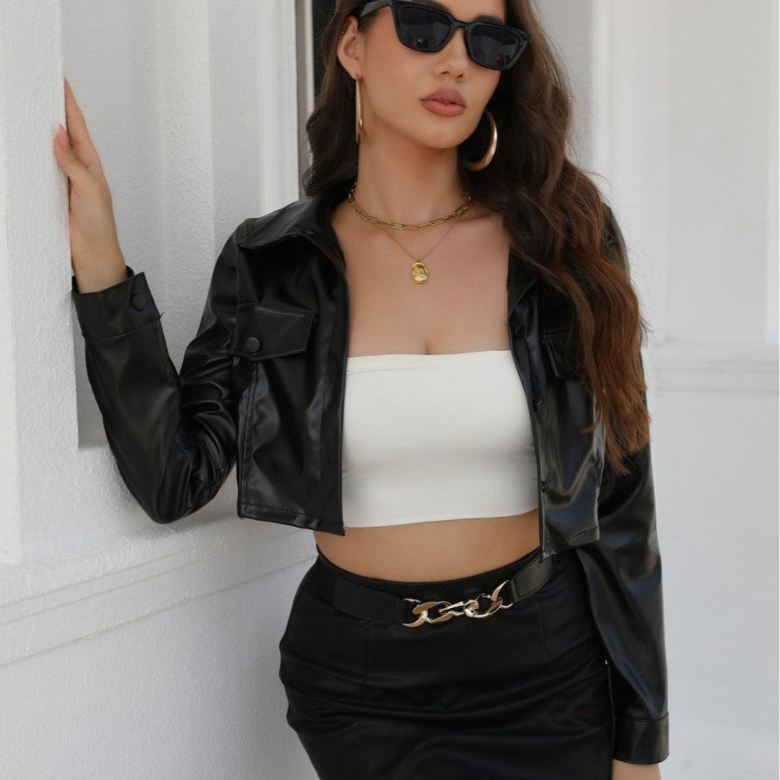 Maillard Style PU Leather Lapel Cardigan Coat - MRC STORETopMy StoreA woman wearing a black PU leather lapel cardigan coat with a round neckline and long sleeves, paired with a black mini skirt.MRC STORECJYD213190403CXBlackL