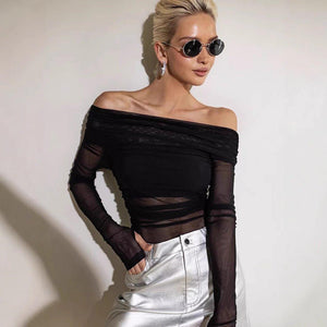 Off - Neck Mesh Slim Fit Top – Long Sleeve - MRC STORETopMy StoreWomen's Solid Color Slim - Fit Off - Neck Mesh Top – Street Fashion Long Sleeve Pullover - MRC STOREMRC STORECJCS227039203CXBlackL