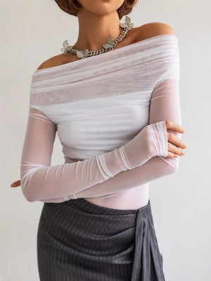 Off - Neck Mesh Slim Fit Top – Long Sleeve - MRC STORETopMy StoreWomen's Solid Color Slim - Fit Off - Neck Mesh Top – Street Fashion Long Sleeve Pullover - MRC STOREMRC STORECJCS227039206FUWhiteL
