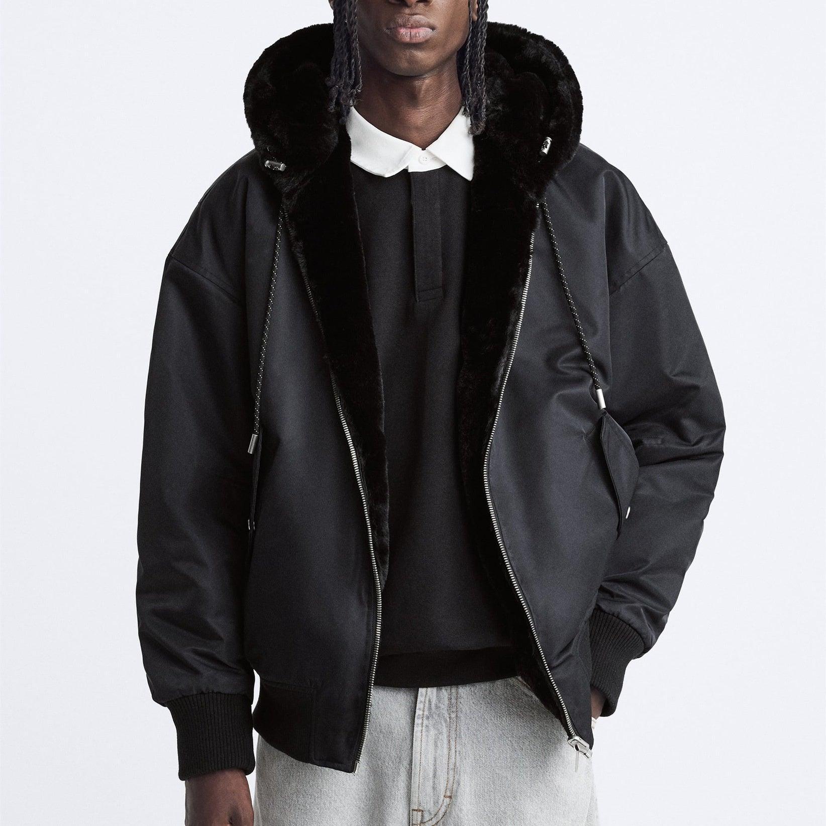 Plush Hooded Faux Fur coat - MRC STORETopMy StoreA man wearing a black hooded faux fur coat with a standing collar and stick pockets, paired with a black sweater and blue jeans.MRC STORECJXZ215759303CXBlackL
