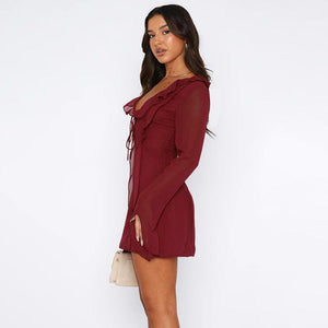 Ruffled V - neck Lace - up Long - sleeved Y2K Dress for Women - MRC STORETopMy StoreRuffled V - neck Lace - up Long - sleeved Y2K Dress for Women - MRC STOREMRC STORECJLY211358509IRWine RedL