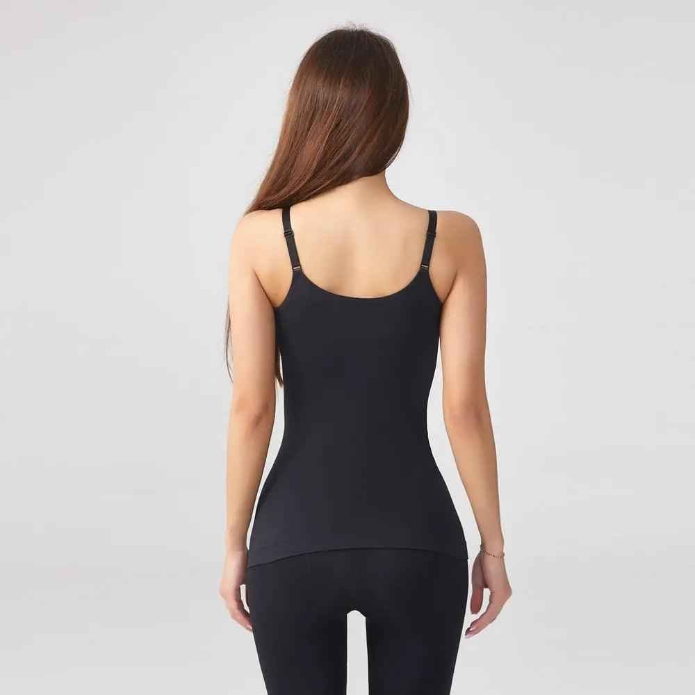 Black seamless shaping camisole top by My Store, close-up of smooth fabric and fitted design for a flattering silhouette