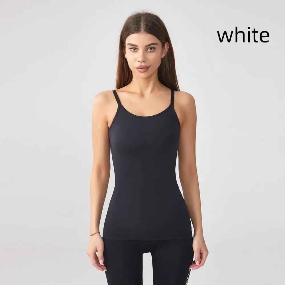Black seamless shaping camisole top by My Store, close-up of smooth fabric and comfortable fit on a model.