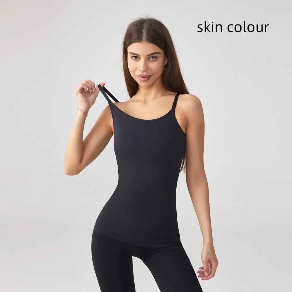 Black seamless shaping camisole top by My Store, close-up of smooth fabric and fitted design for a sleek silhouette.