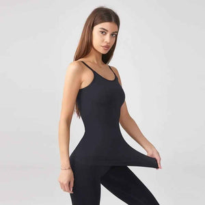 Black seamless shaping camisole top by My Store, close-up of smooth fabric and fitted design on a mannequin.