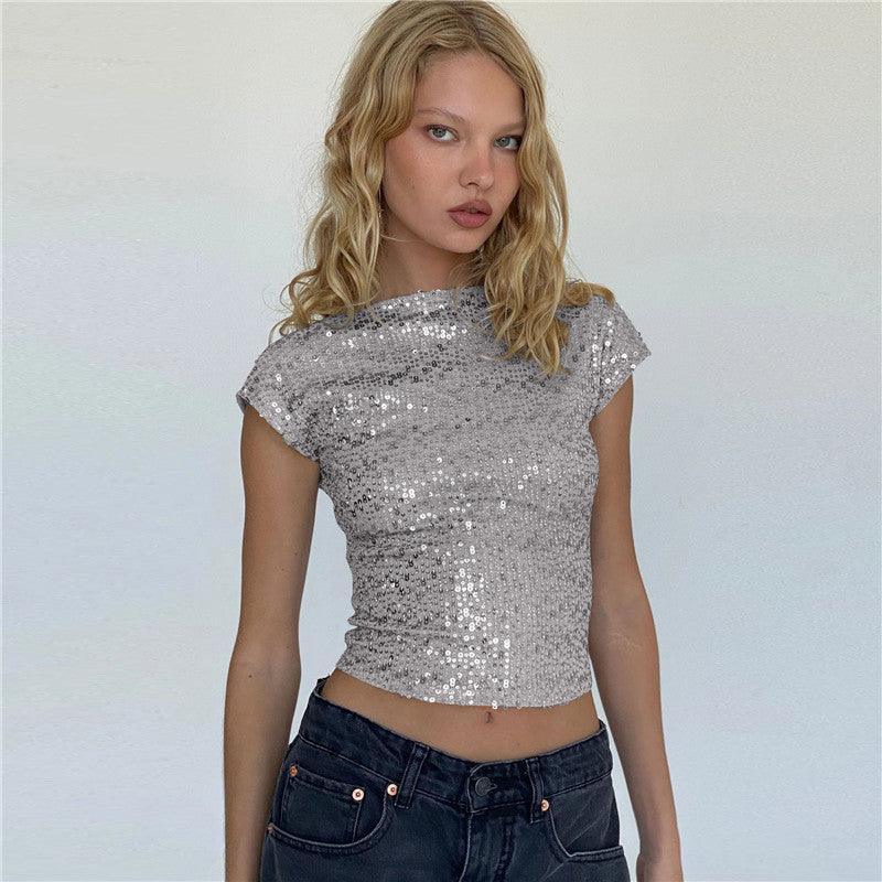 Black women's casual short sequin top by My Store, featuring a shiny, sparkling design perfect for stylish occasions.