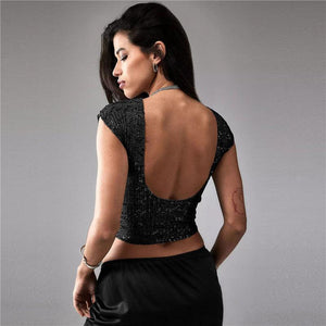 Black women's casual short sequin top with shine and sparkle, perfect for stylish everyday wear.