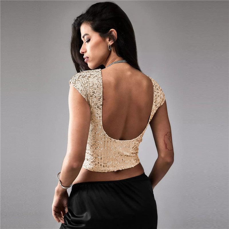 Black women's casual short sequin top, stylish and shiny, featuring a comfortable fit and trendy design.