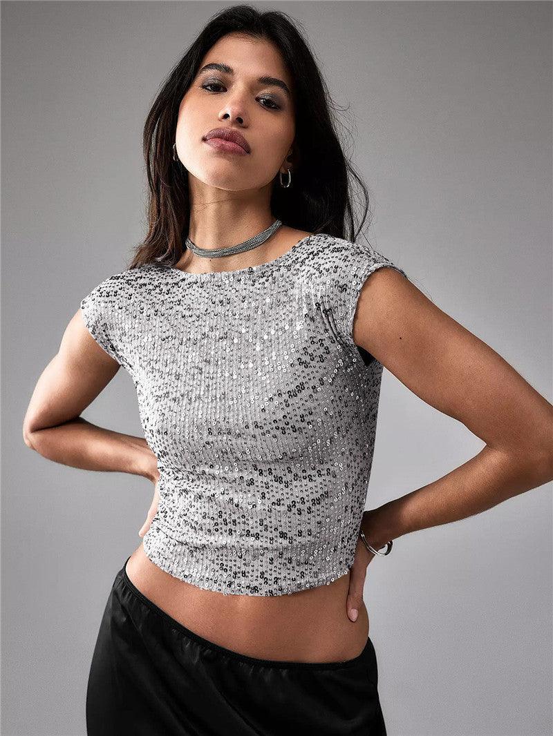 Black women's casual short sequin top featuring shiny, sparkling sequins, perfect for stylish daytime or evening wear.