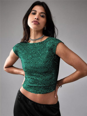 Black women's casual short top with sequins, featuring a shiny, sparkling design perfect for stylish, everyday wear.